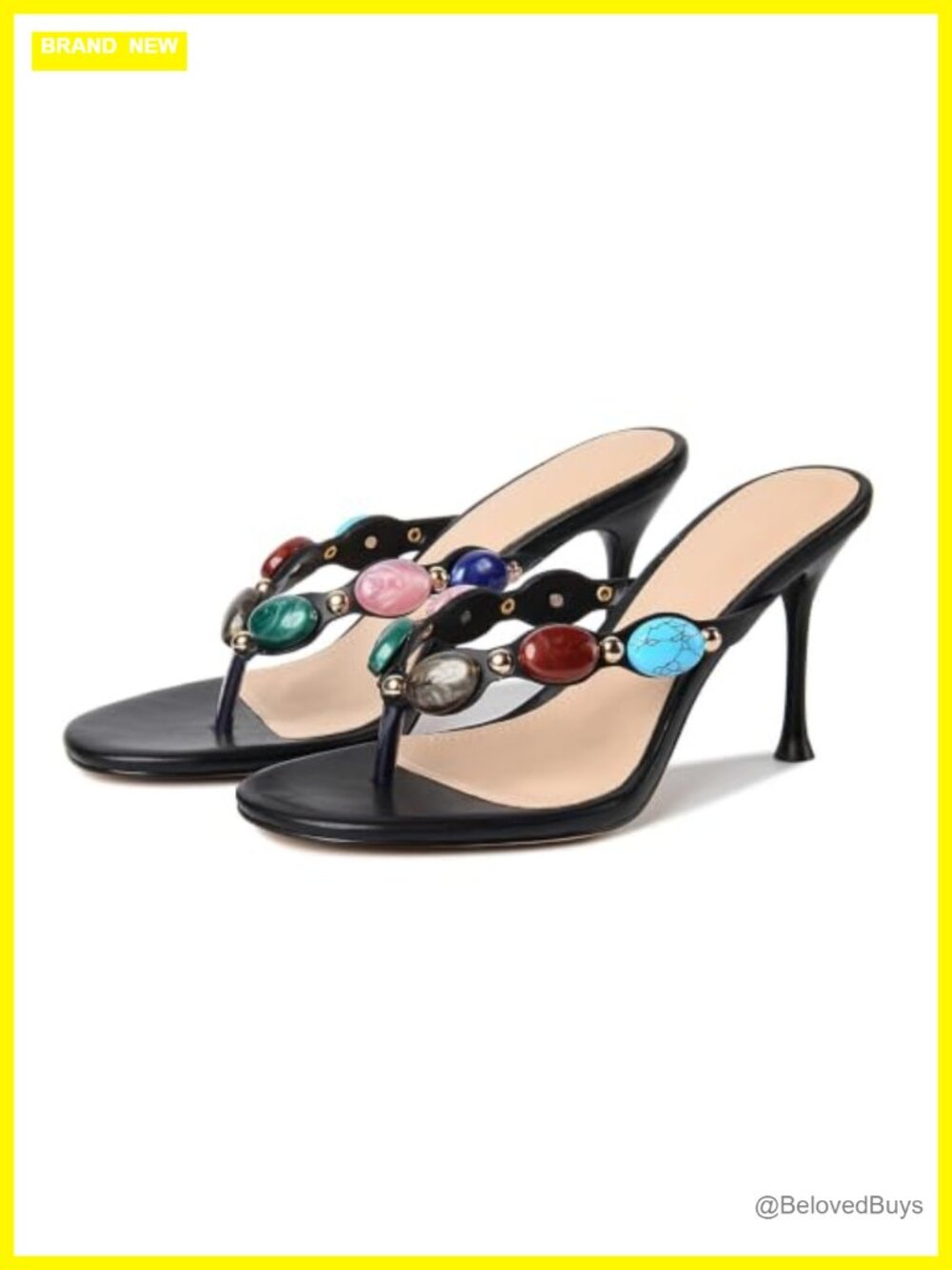 Jeweled Beaded Stiletto Heeled Thong Sandals Slip On Faux Leather